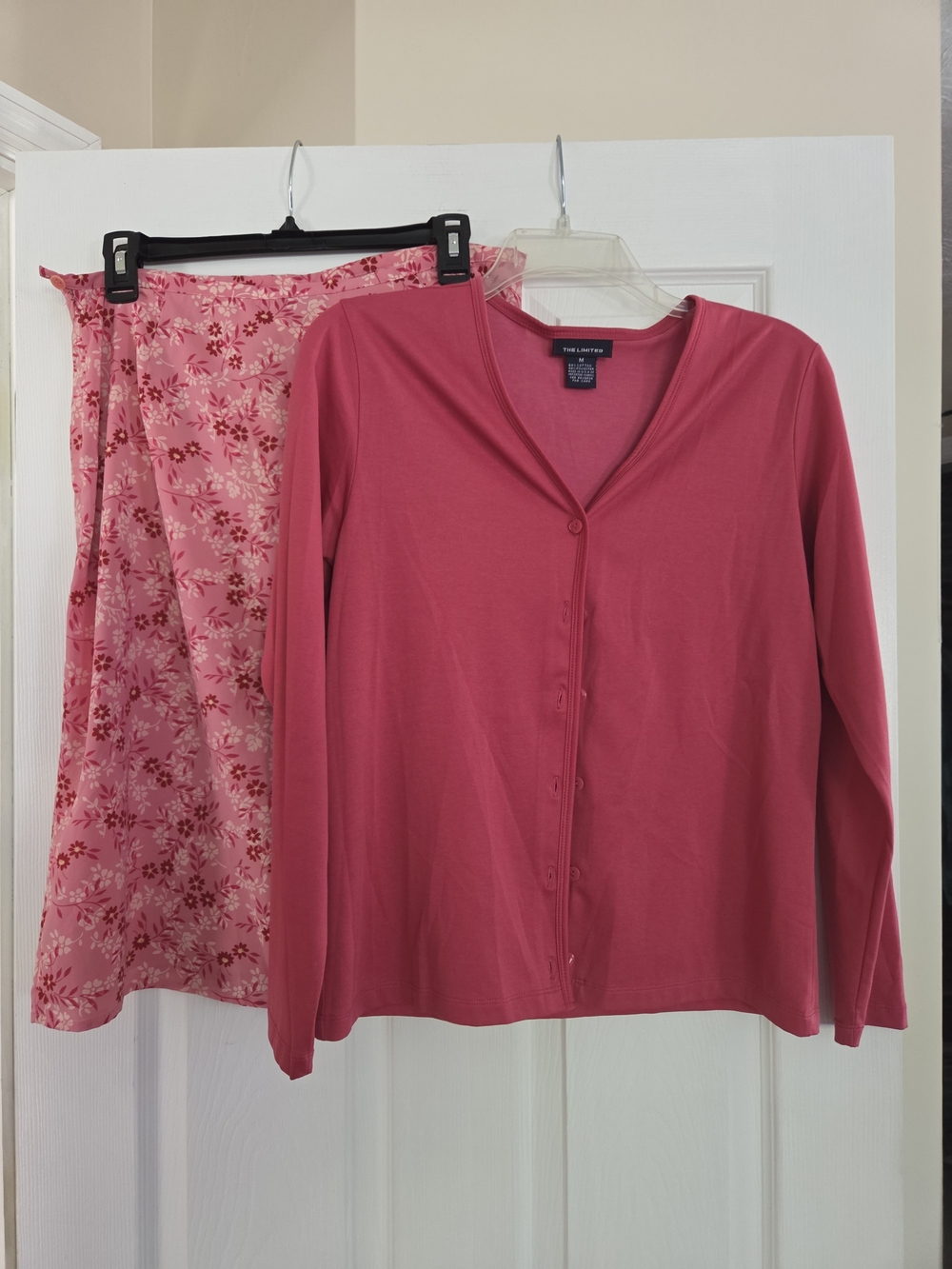 The Limited Pink Floral Midi Skirt 12 with Solid Pink Cardigan Medium
